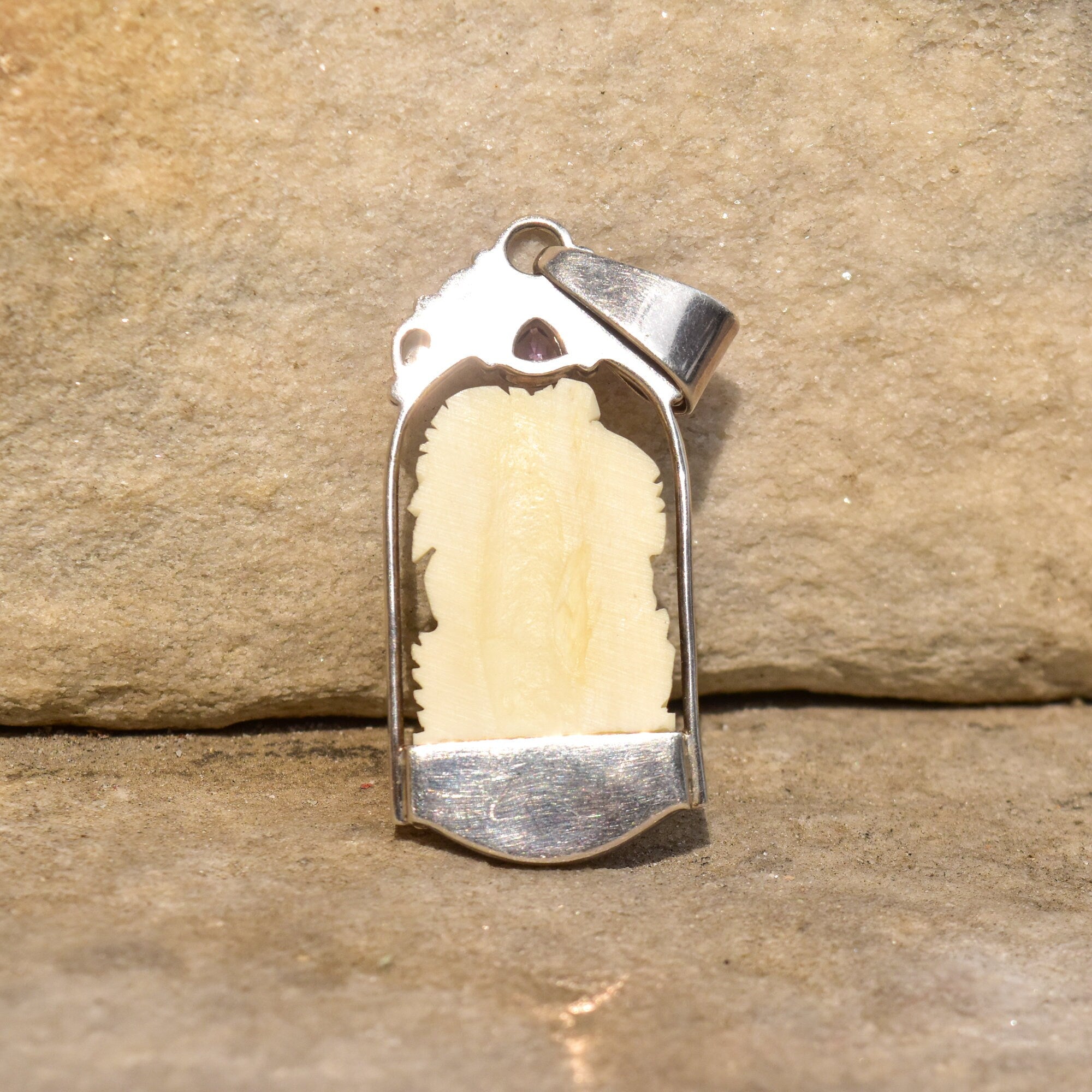 SAJEN Sterling Silver Carved Bone Cameo Pendant W/ Amethyst, Moonstone & Shell, Art Nouveau Revival, 3 1/8"
