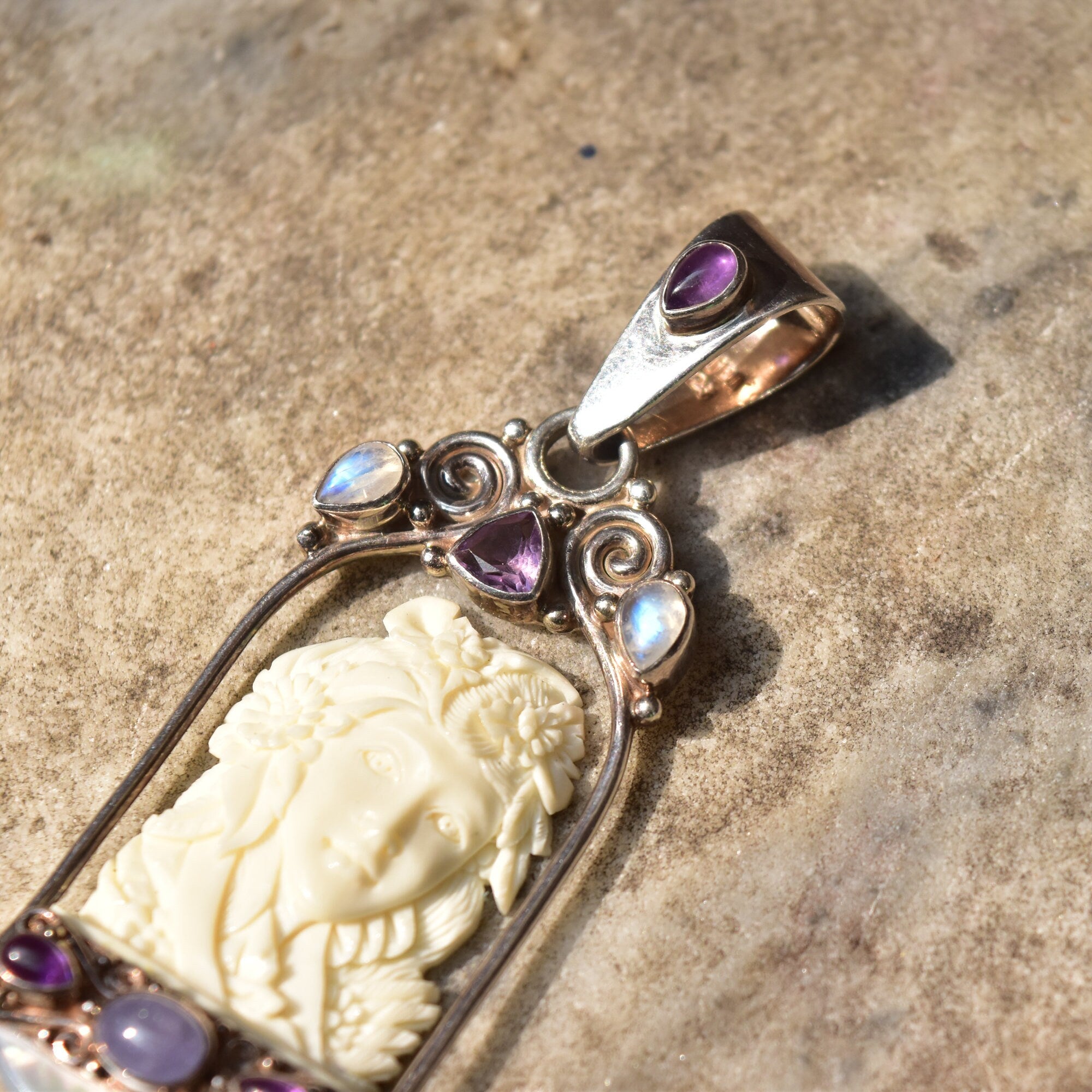 SAJEN Sterling Silver Carved Bone Cameo Pendant W/ Amethyst, Moonstone & Shell, Art Nouveau Revival, 3 1/8"