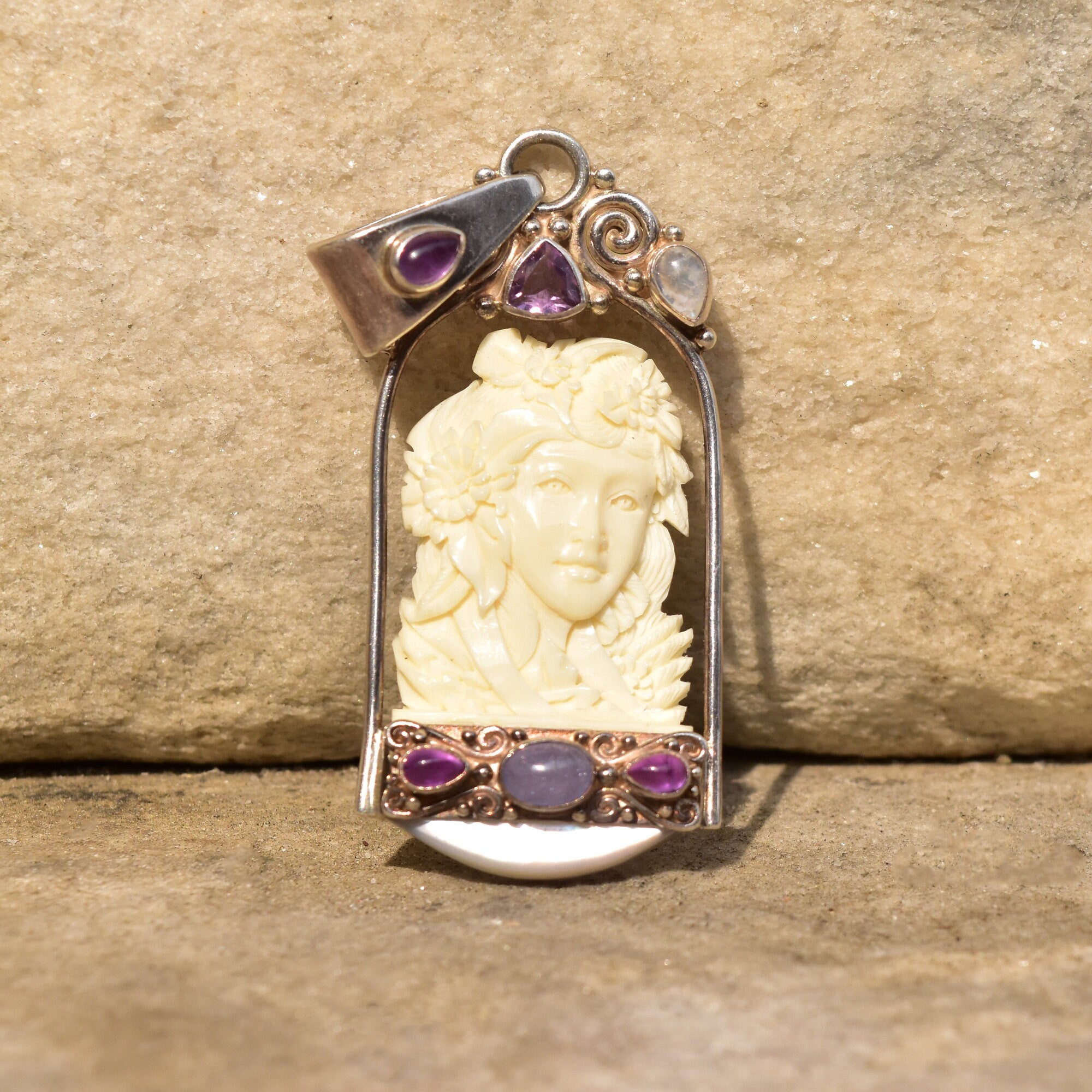 SAJEN Sterling Silver Carved Bone Cameo Pendant W/ Amethyst, Moonstone & Shell, Art Nouveau Revival, 3 1/8"