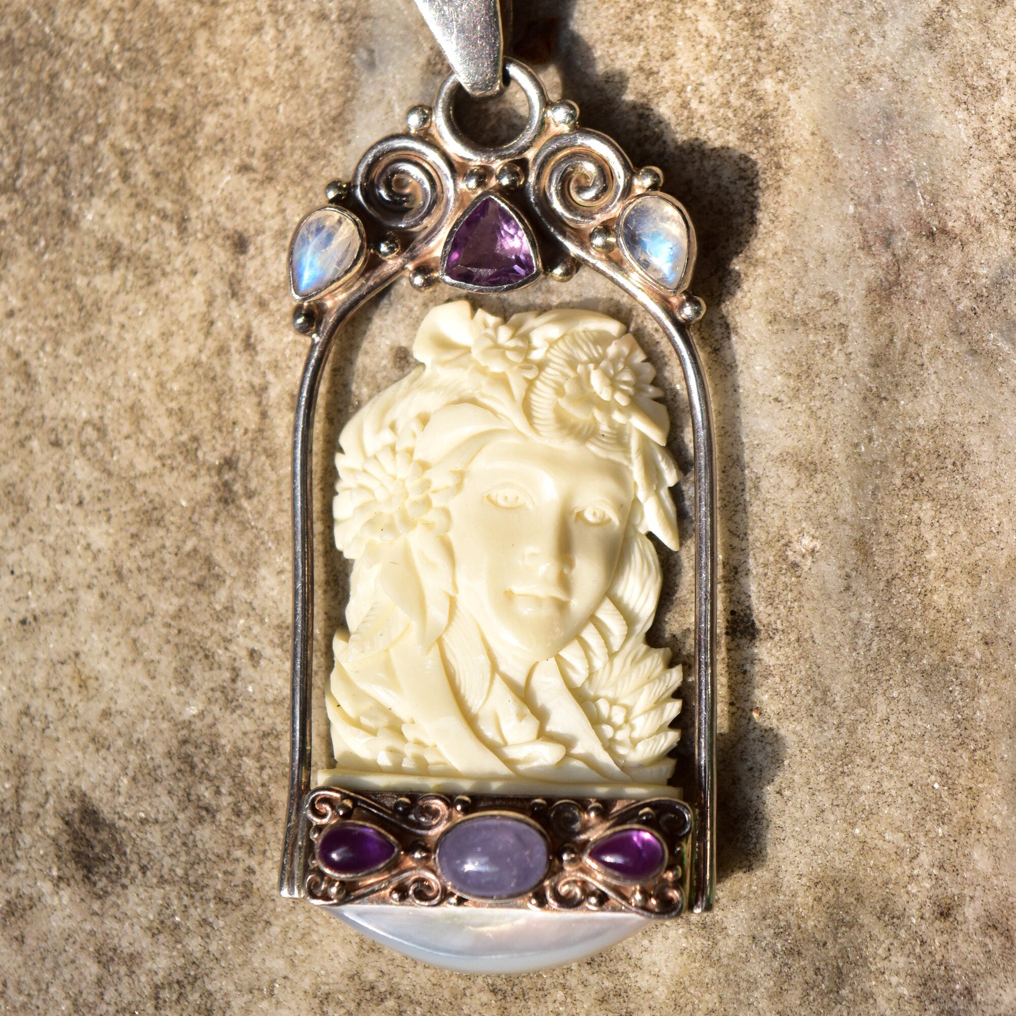 SAJEN Sterling Silver Carved Bone Cameo Pendant W/ Amethyst, Moonstone & Shell, Art Nouveau Revival, 3 1/8"