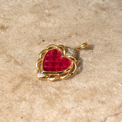 14K Ruby Glass Heart Pendant In Yellow Gold, White Gold Diamond Accents, Grid Pattern, Estate Jewelry, 37mm