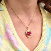 14K Ruby Glass Heart Pendant In Yellow Gold, White Gold Diamond Accents, Grid Pattern, Estate Jewelry, 37mm