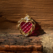 14K Ruby Glass Heart Pendant In Yellow Gold, White Gold Diamond Accents, Grid Pattern, Estate Jewelry, 37mm