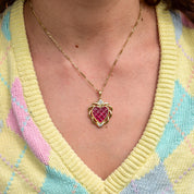 14K Ruby Glass Heart Pendant In Yellow Gold, White Gold Diamond Accents, Grid Pattern, Estate Jewelry, 37mm