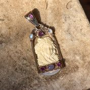 SAJEN Sterling Silver Carved Bone Cameo Pendant W/ Amethyst, Moonstone & Shell, Art Nouveau Revival, 3 1/8"