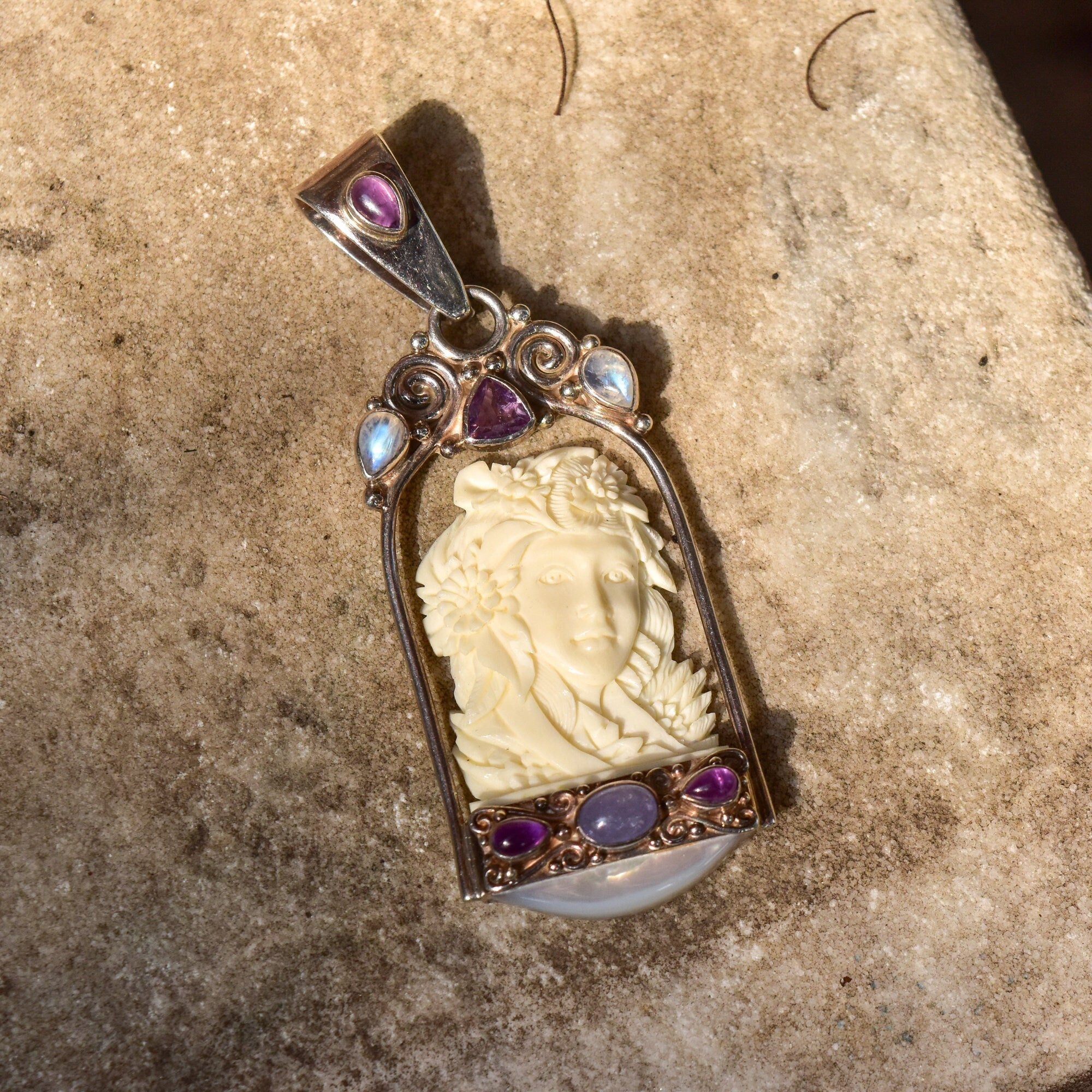 SAJEN Sterling Silver Carved Bone Cameo Pendant W/ Amethyst, Moonstone & Shell, Art Nouveau Revival, 3 1/8"