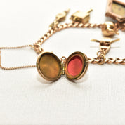 Eclectic 14K Charm Bracelet W/ Large Cameo Locket, Cute Gold Figurine Charms, 4.5mm Curb Link Chain, 7 3/4" L