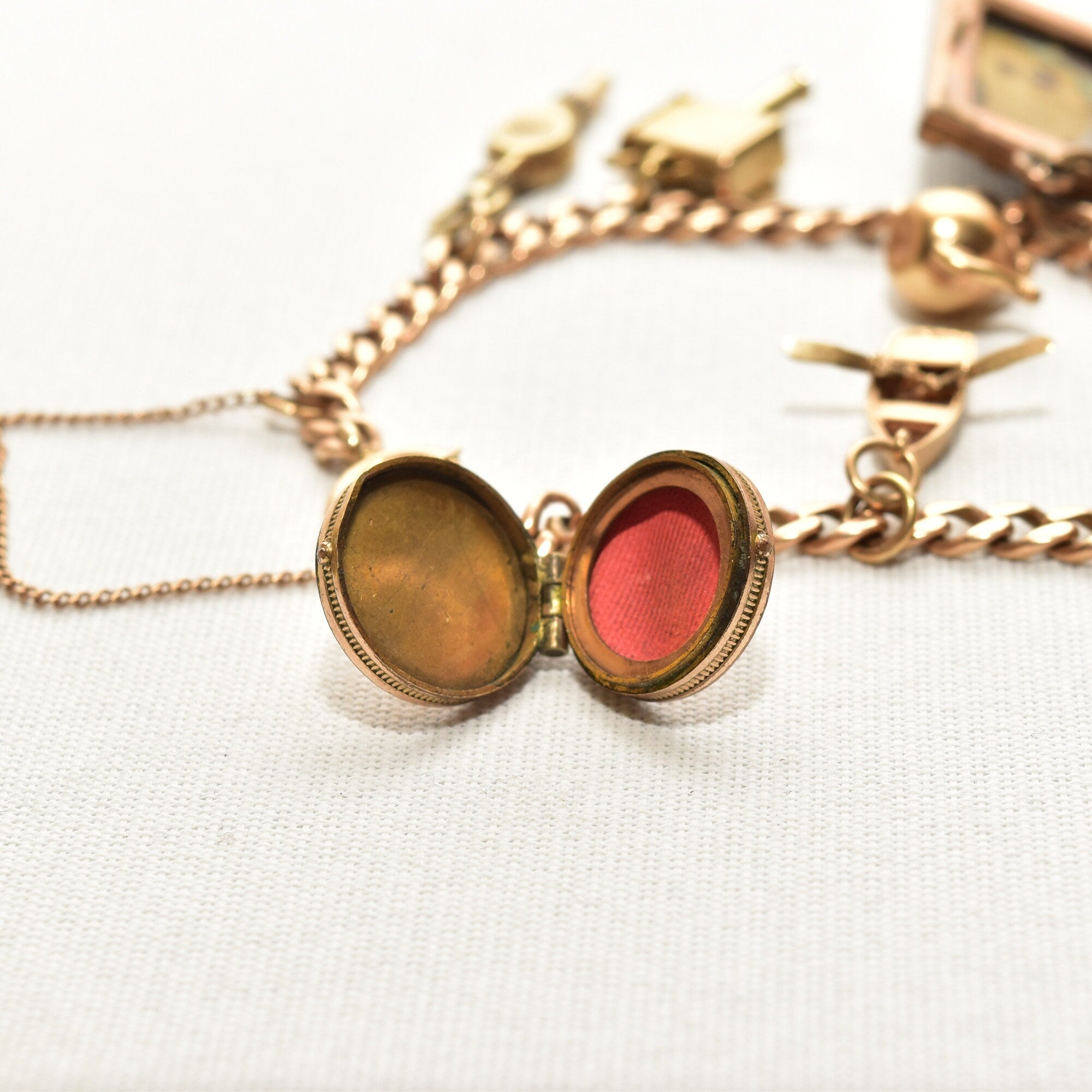 Eclectic 14K Charm Bracelet W/ Large Cameo Locket, Cute Gold Figurine Charms, 4.5mm Curb Link Chain, 7 3/4" L