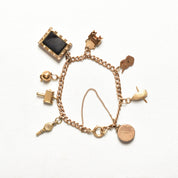 Eclectic 14K Charm Bracelet W/ Large Cameo Locket, Cute Gold Figurine Charms, 4.5mm Curb Link Chain, 7 3/4" L