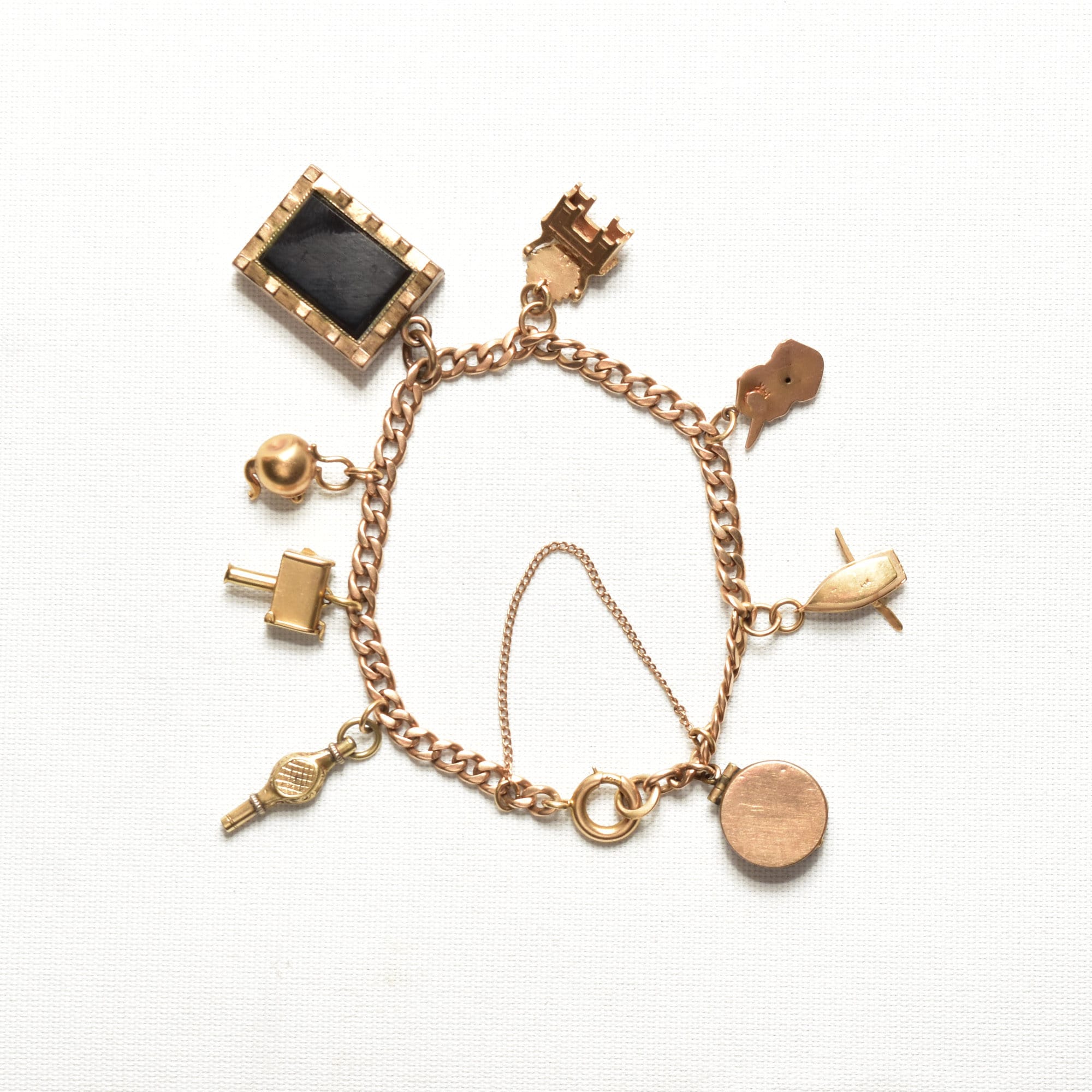 Eclectic 14K Charm Bracelet W/ Large Cameo Locket, Cute Gold Figurine Charms, 4.5mm Curb Link Chain, 7 3/4" L