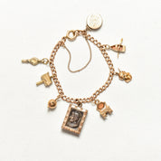 Eclectic 14K Charm Bracelet W/ Large Cameo Locket, Cute Gold Figurine Charms, 4.5mm Curb Link Chain, 7 3/4" L