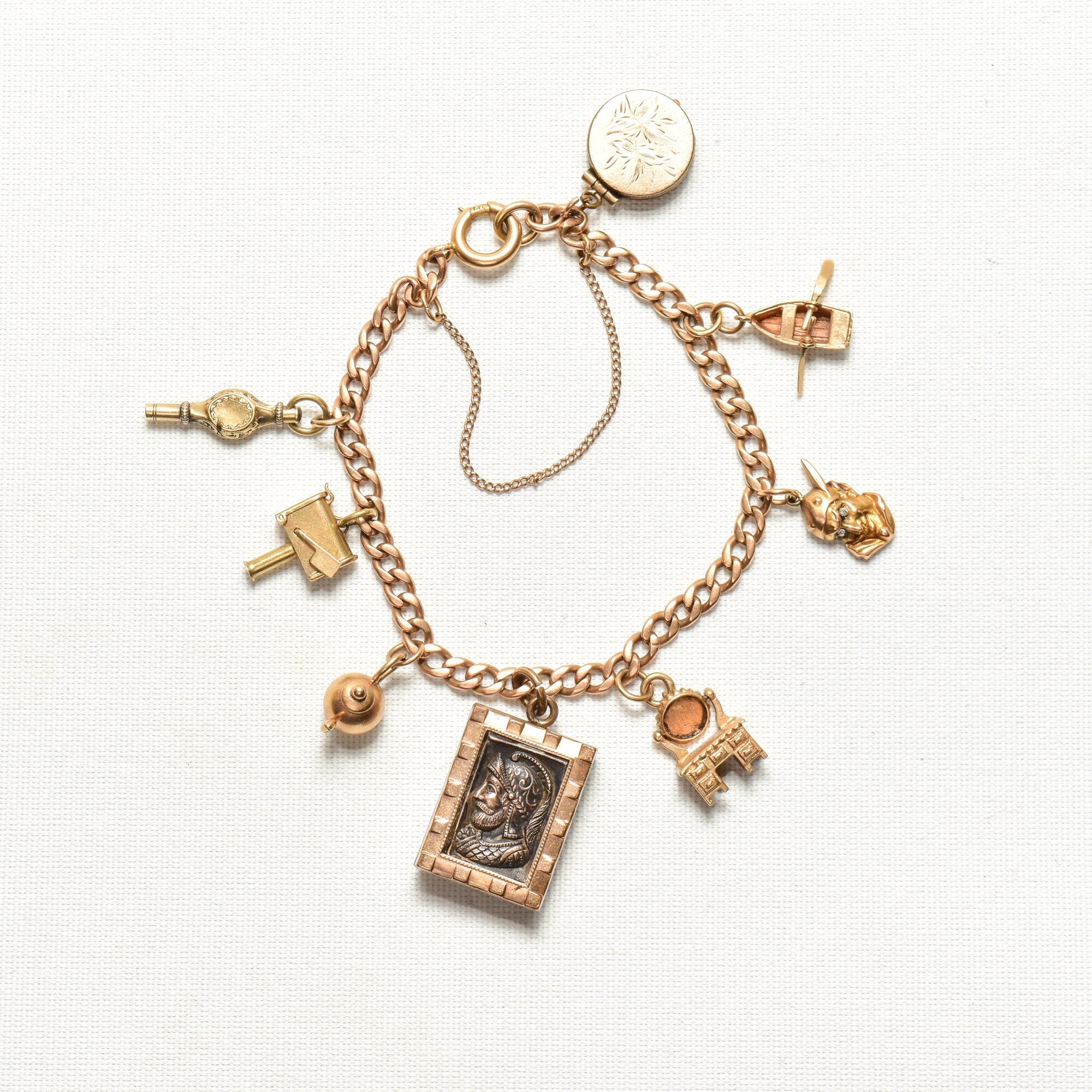 Eclectic 14K Charm Bracelet W/ Large Cameo Locket, Cute Gold Figurine Charms, 4.5mm Curb Link Chain, 7 3/4" L