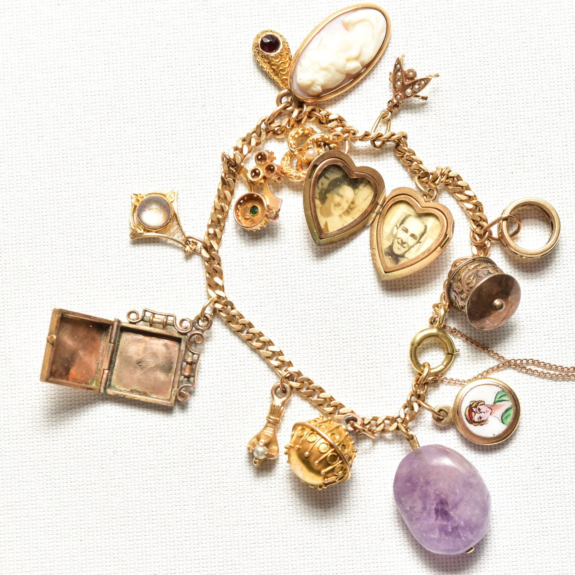 Unique 14K Charm Bracelet, Eclectic Gold Charms, Heart Locket & Cameo, 3mm Curb Link Chain, 7 1/2" L