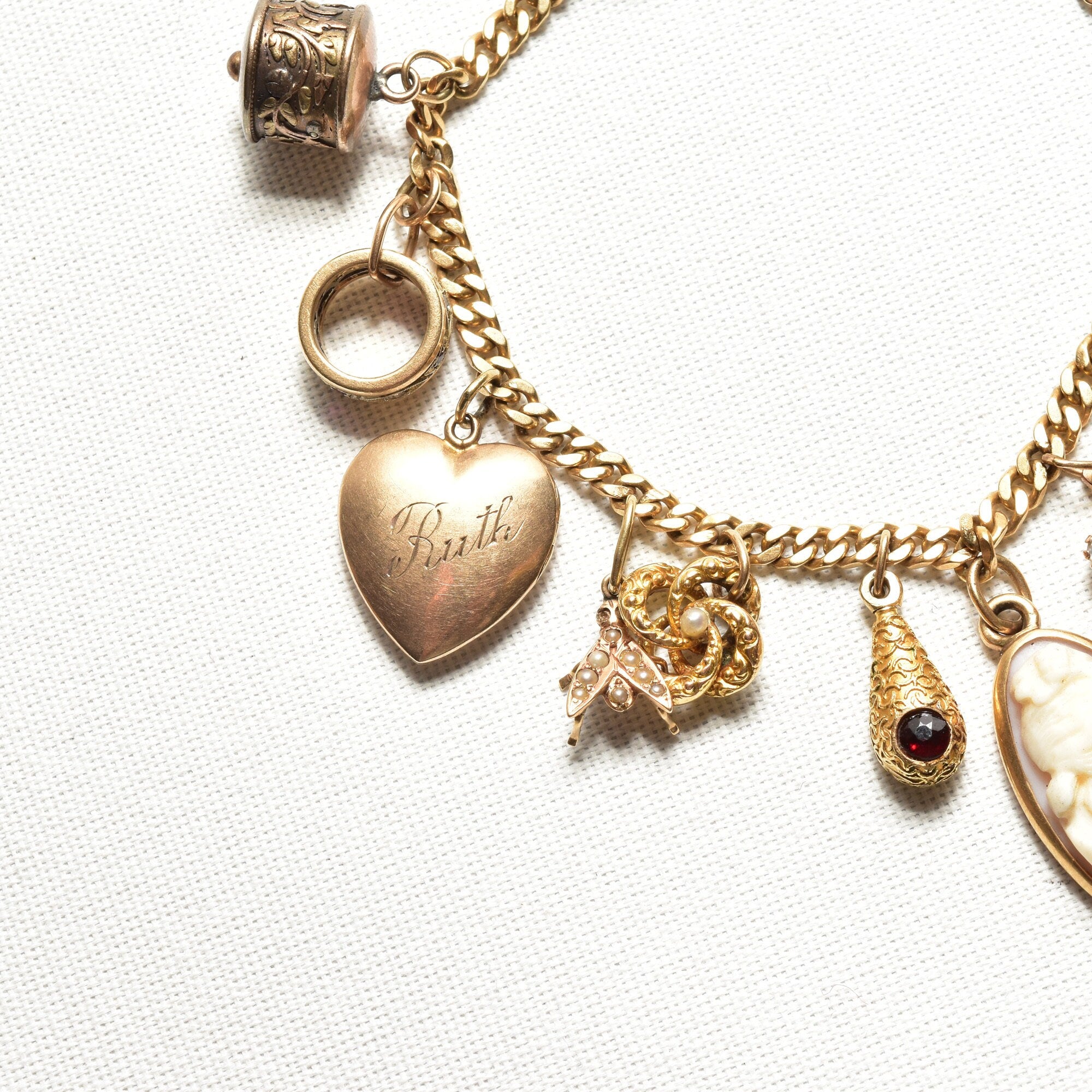 Unique 14K Charm Bracelet, Eclectic Gold Charms, Heart Locket & Cameo, 3mm Curb Link Chain, 7 1/2" L