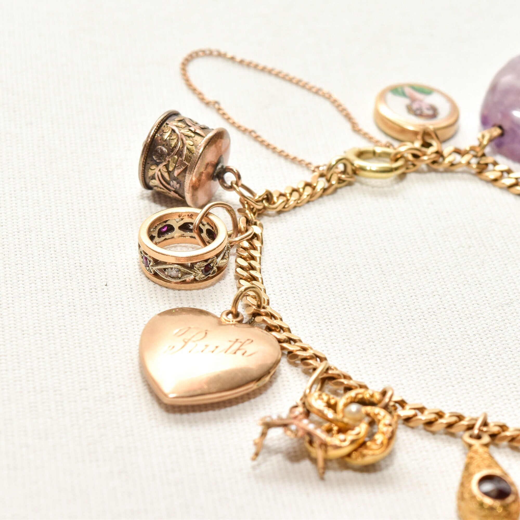 Unique 14K Charm Bracelet, Eclectic Gold Charms, Heart Locket & Cameo, 3mm Curb Link Chain, 7 1/2" L