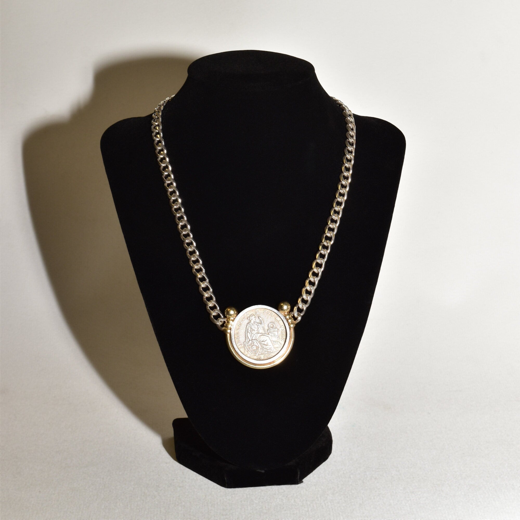 Peruvian 1915 Silver Coin Pendant Necklace, Solid 950 Sterling Silver Curb Chain, Gold-Wash Bezel Setting, 18" L