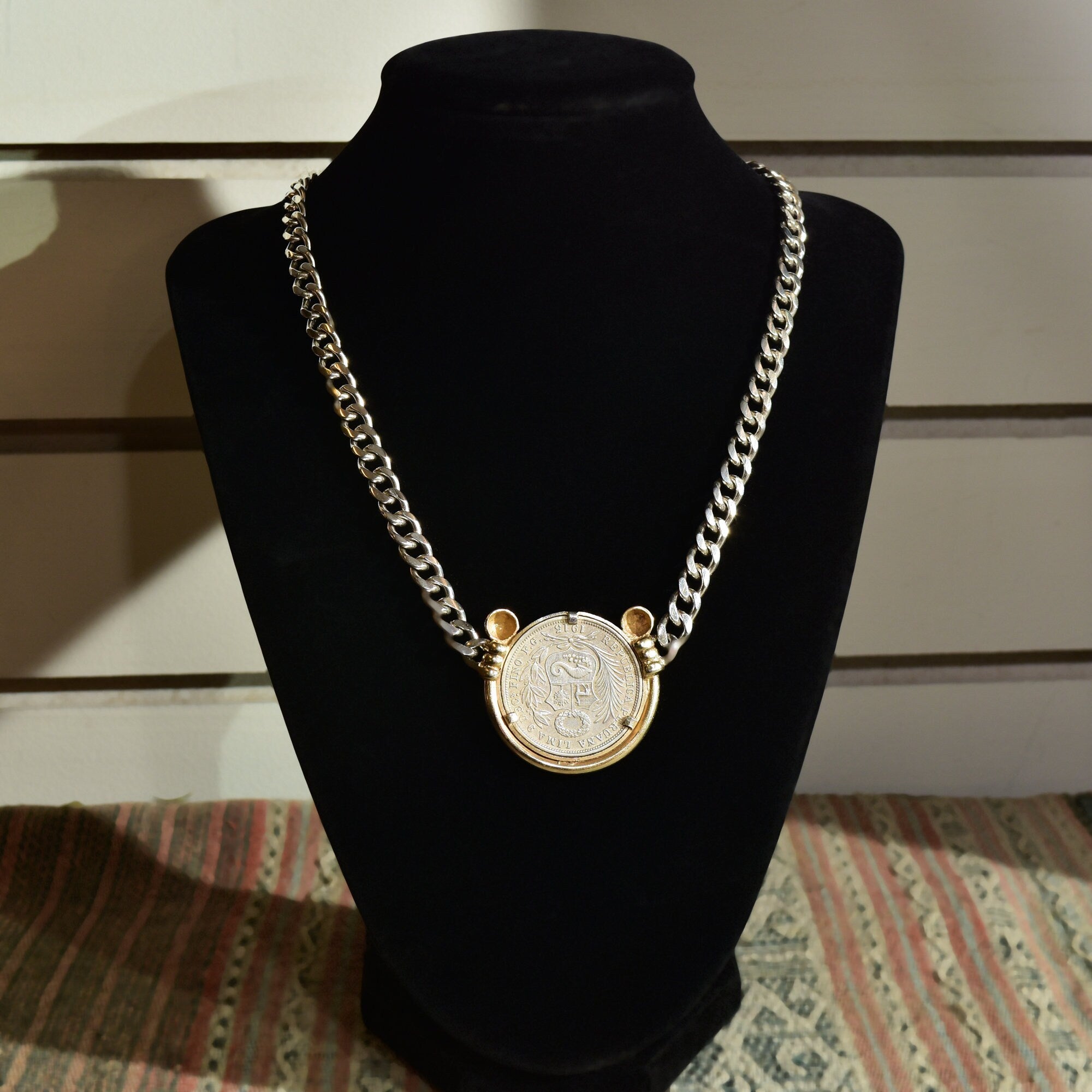 Peruvian 1915 Silver Coin Pendant Necklace, Solid 950 Sterling Silver Curb Chain, Gold-Wash Bezel Setting, 18" L