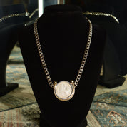 Peruvian 1915 Silver Coin Pendant Necklace, Solid 950 Sterling Silver Curb Chain, Gold-Wash Bezel Setting, 18" L