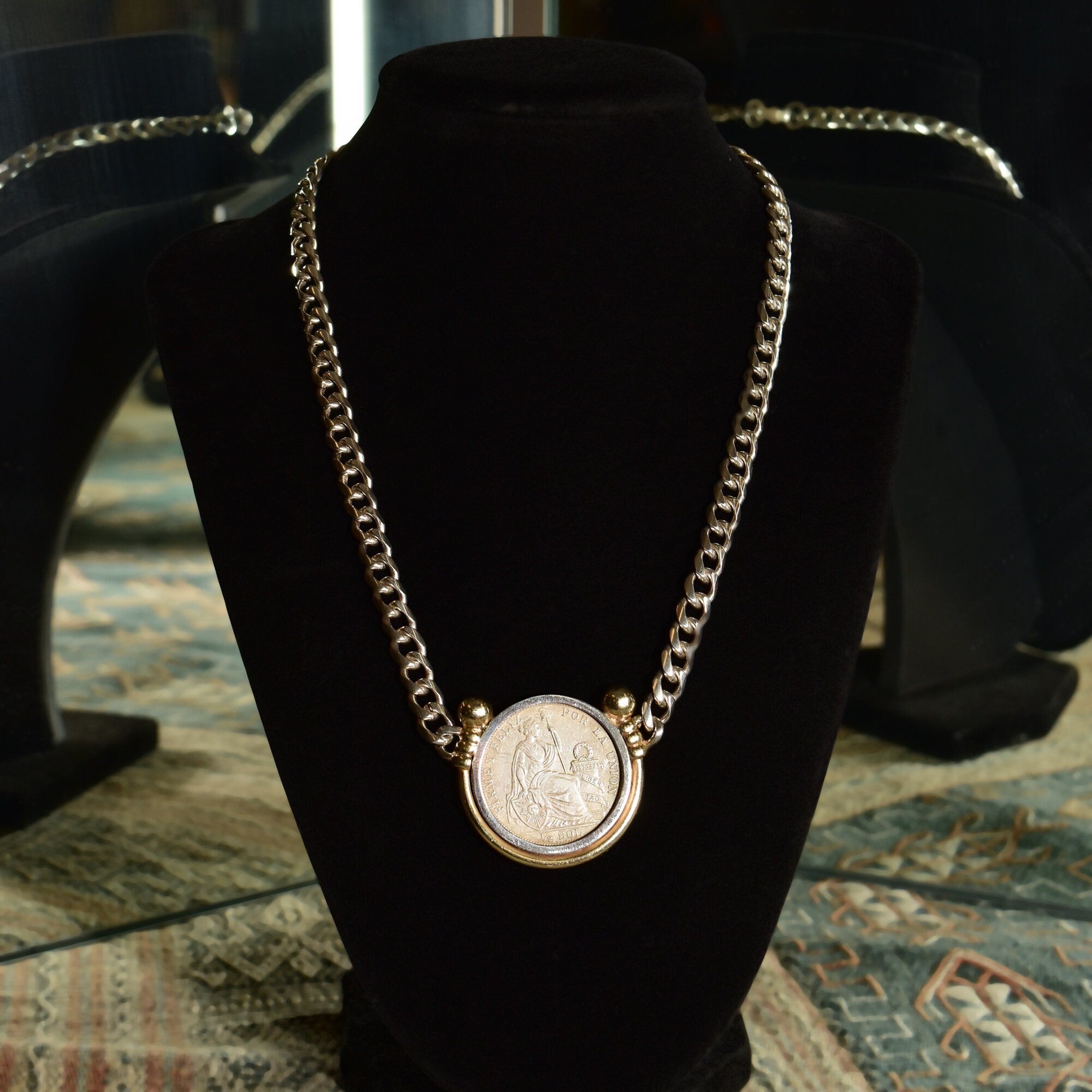 Peruvian 1915 Silver Coin Pendant Necklace, Solid 950 Sterling Silver Curb Chain, Gold-Wash Bezel Setting, 18" L