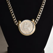 Peruvian 1915 Silver Coin Pendant Necklace, Solid 950 Sterling Silver Curb Chain, Gold-Wash Bezel Setting, 18" L