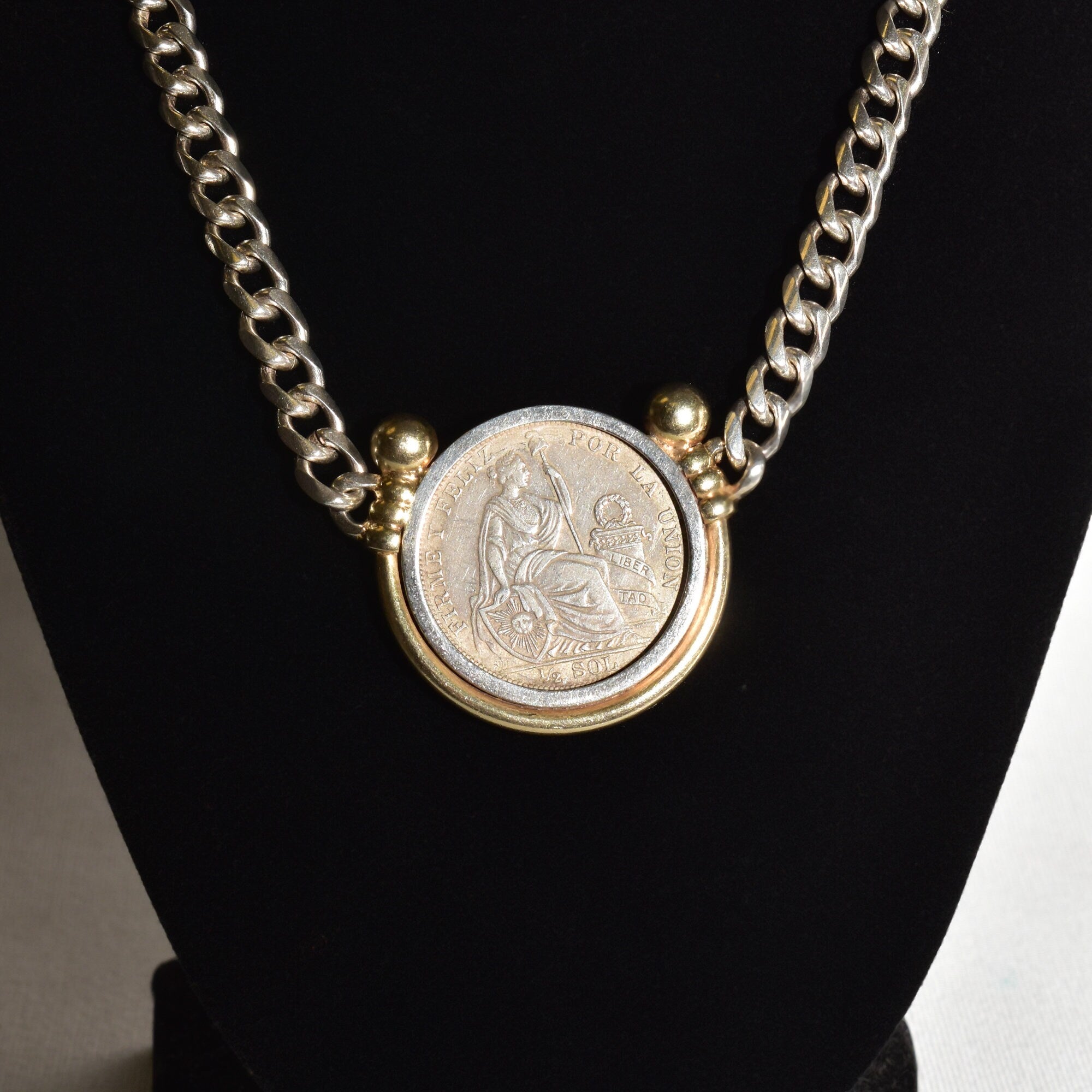 Peruvian 1915 Silver Coin Pendant Necklace, Solid 950 Sterling Silver Curb Chain, Gold-Wash Bezel Setting, 18" L