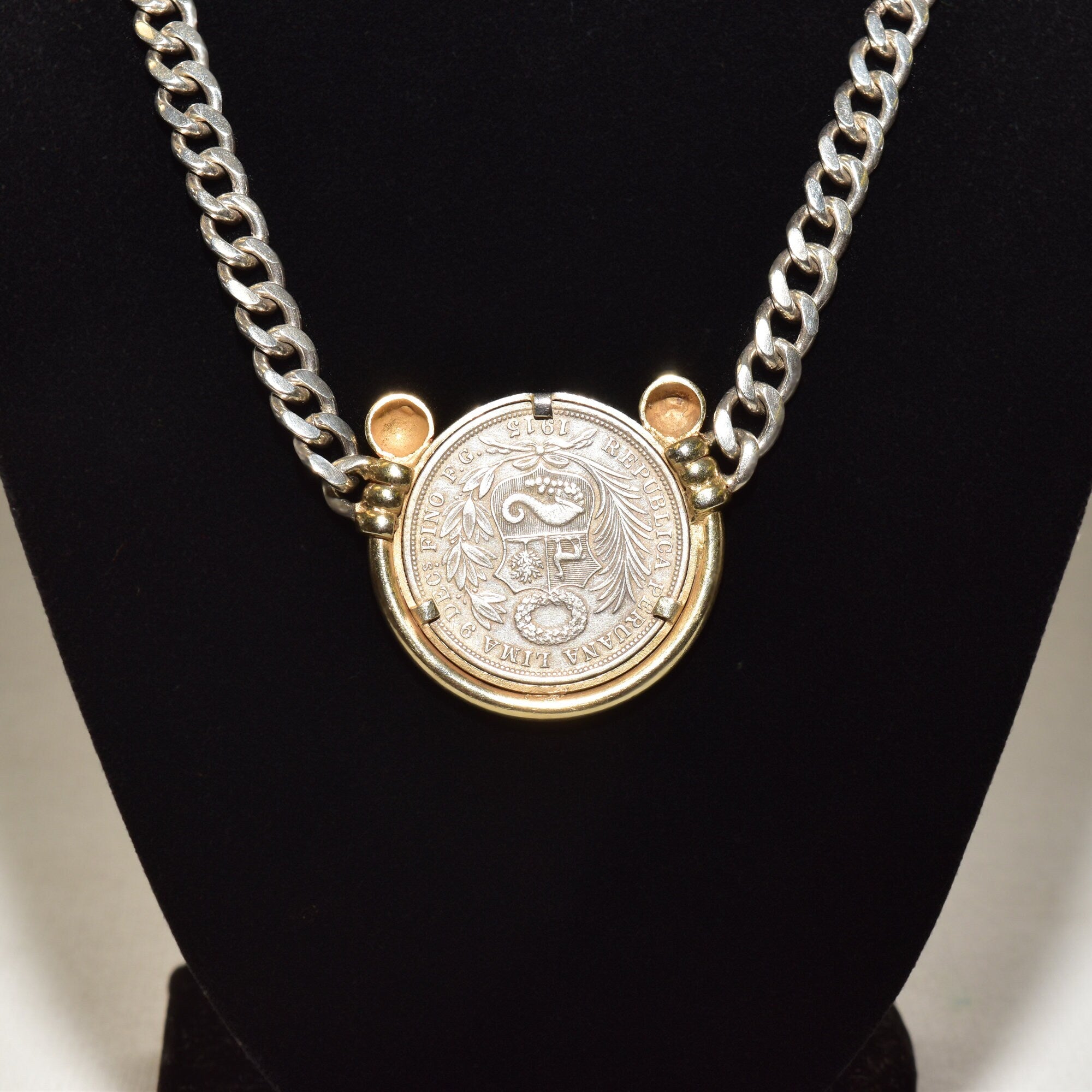 Peruvian 1915 Silver Coin Pendant Necklace, Solid 950 Sterling Silver Curb Chain, Gold-Wash Bezel Setting, 18" L