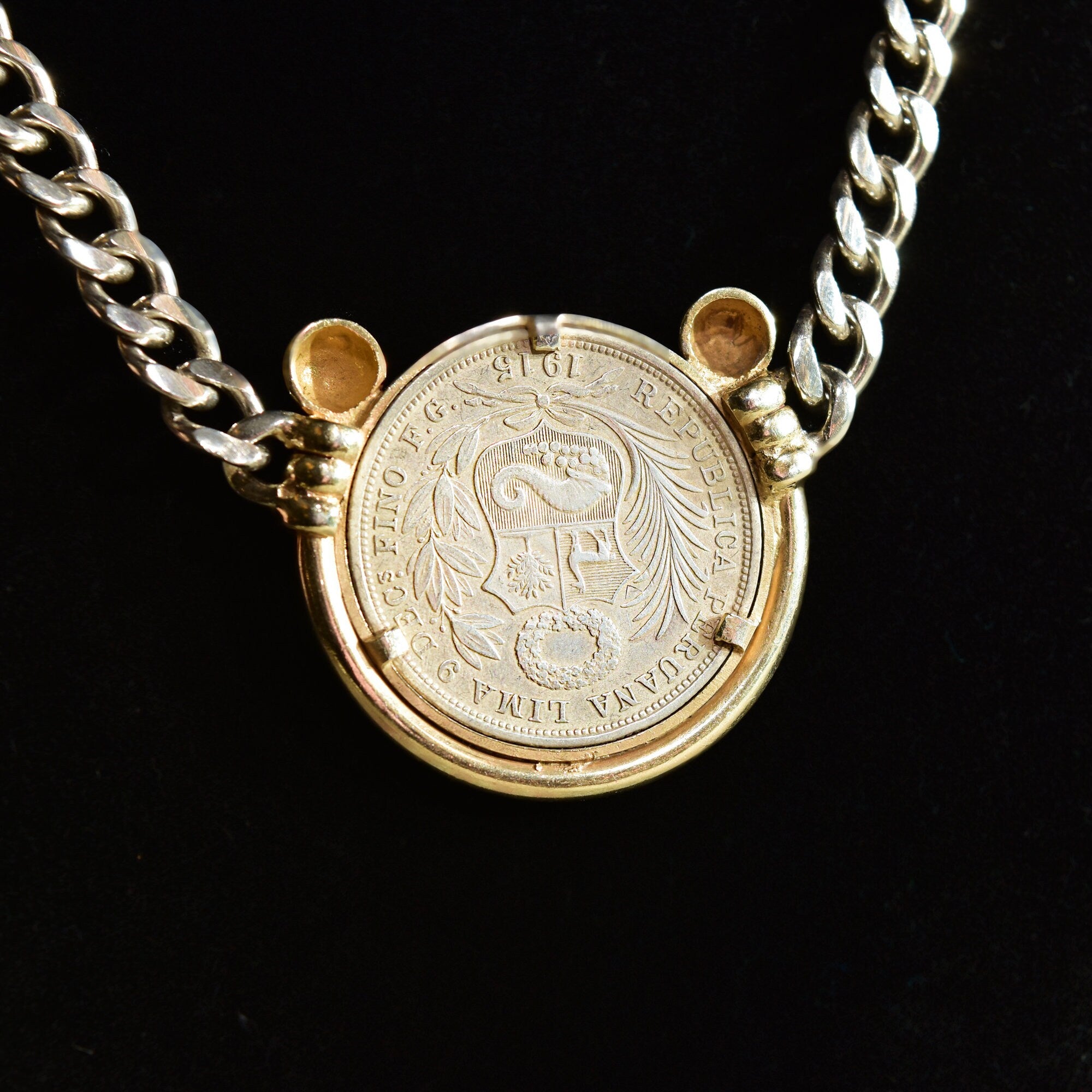 Peruvian 1915 Silver Coin Pendant Necklace, Solid 950 Sterling Silver Curb Chain, Gold-Wash Bezel Setting, 18" L