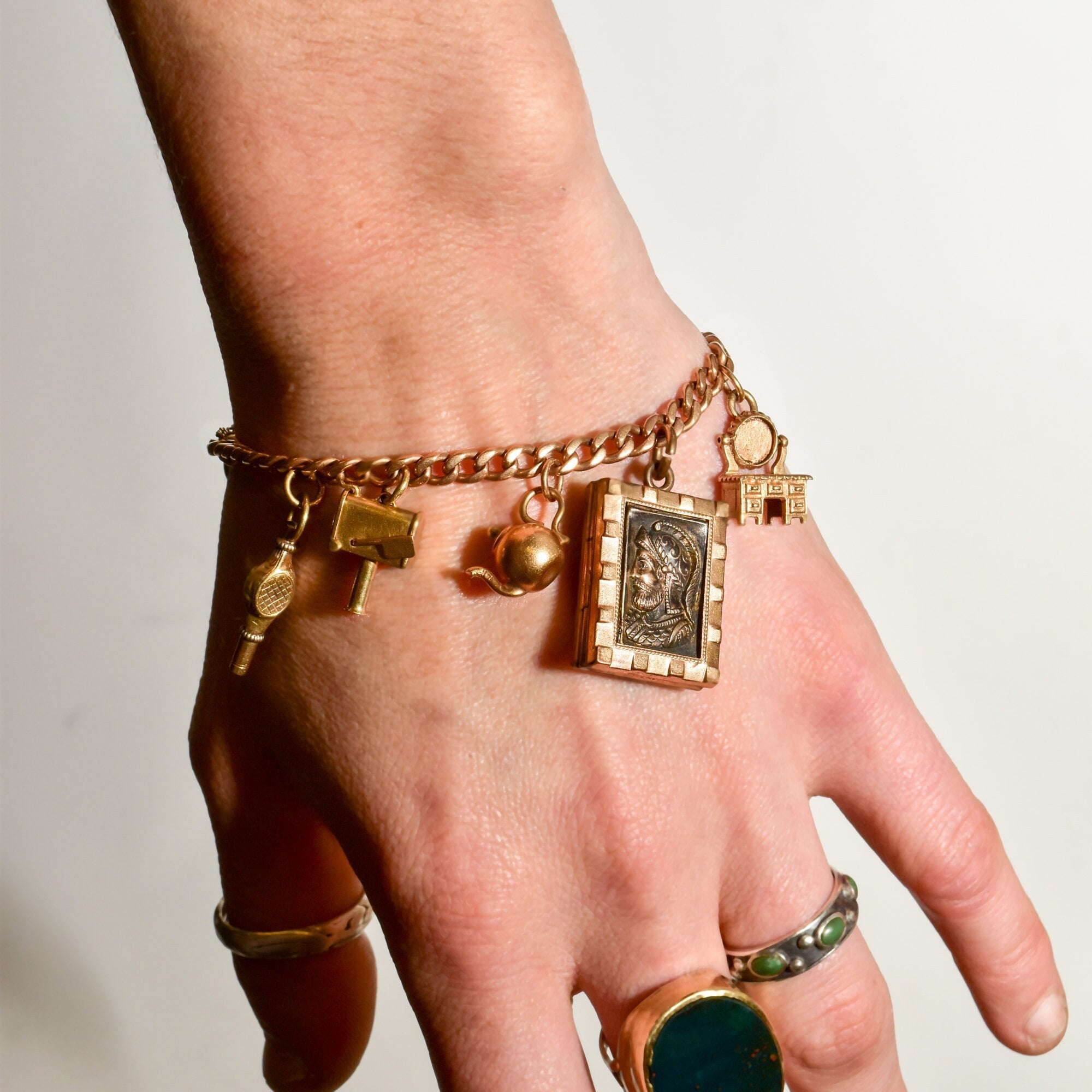 Eclectic 14K Charm Bracelet W/ Large Cameo Locket, Cute Gold Figurine Charms, 4.5mm Curb Link Chain, 7 3/4" L