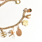 Eclectic 14K Charm Bracelet, Fun Mix Of Gold Charms, 4mm Curb Link Chain, 7" L