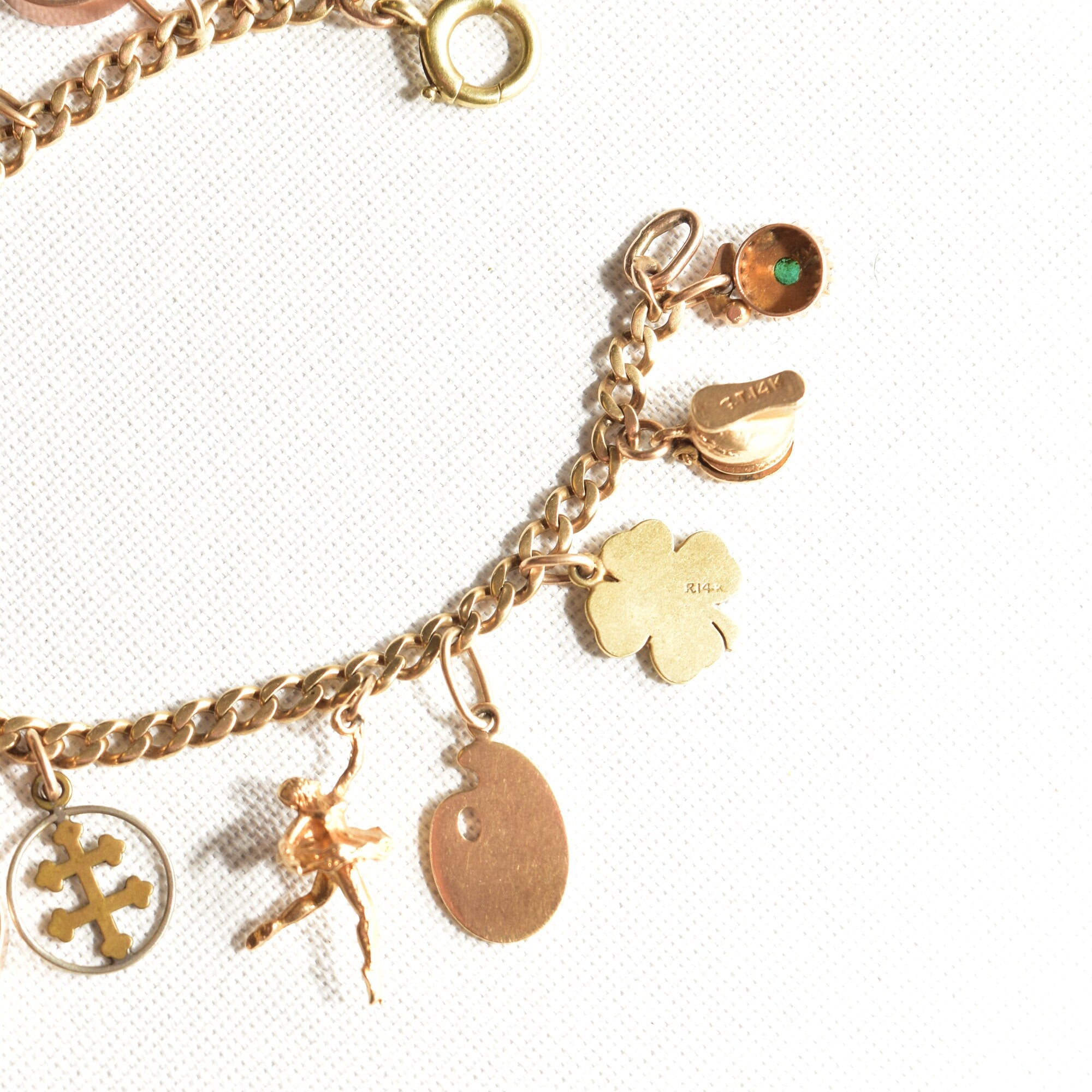 Eclectic 14K Charm Bracelet, Fun Mix Of Gold Charms, 4mm Curb Link Chain, 7" L