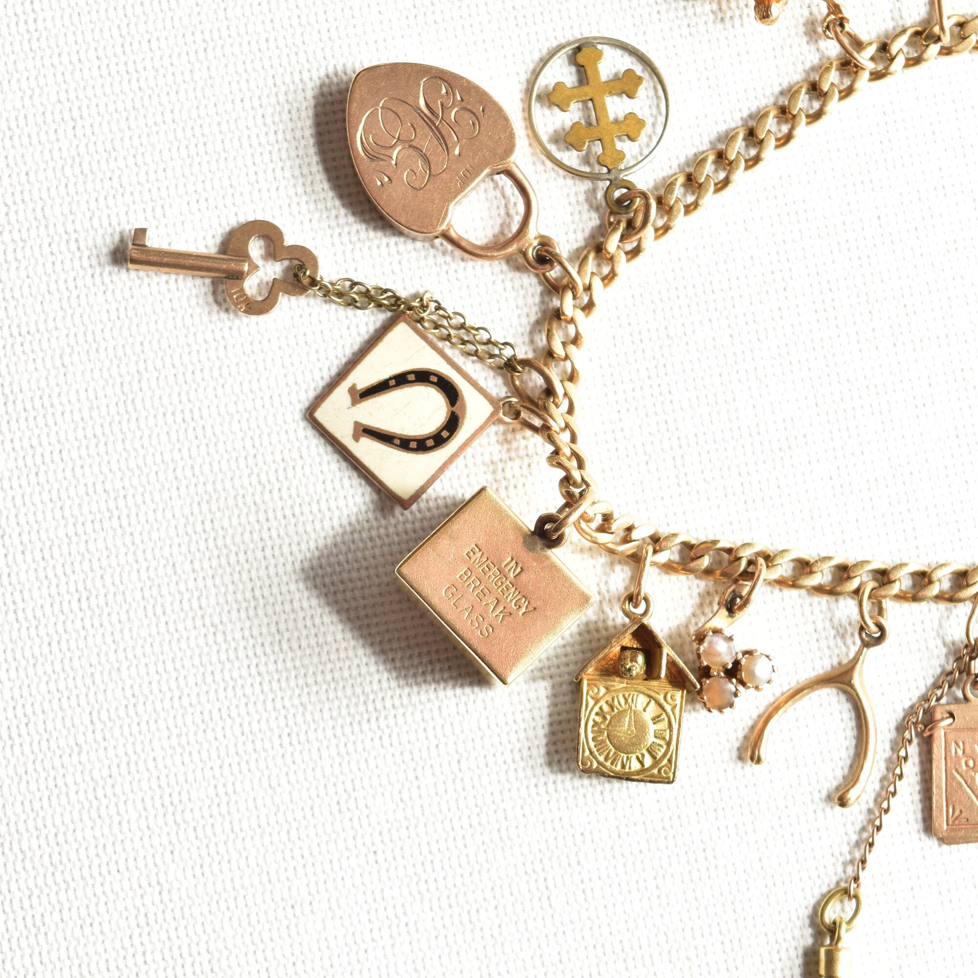 Eclectic 14K Charm Bracelet, Fun Mix Of Gold Charms, 4mm Curb Link Chain, 7" L