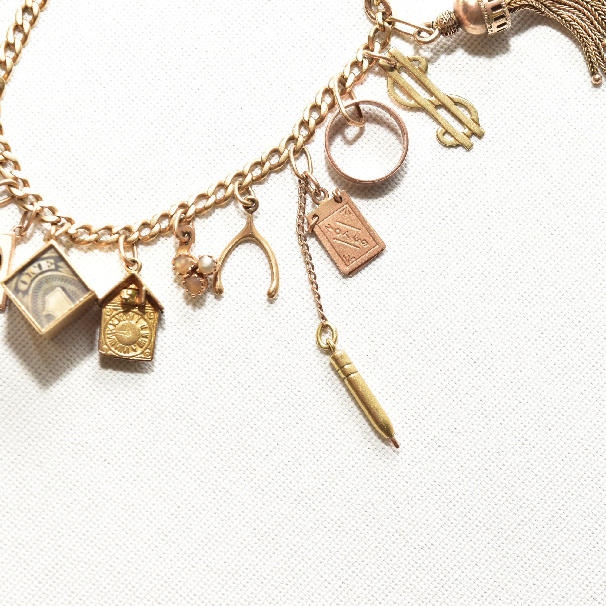 Eclectic 14K Charm Bracelet, Fun Mix Of Gold Charms, 4mm Curb Link Chain, 7" L