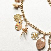 Eclectic 14K Charm Bracelet, Fun Mix Of Gold Charms, 4mm Curb Link Chain, 7" L