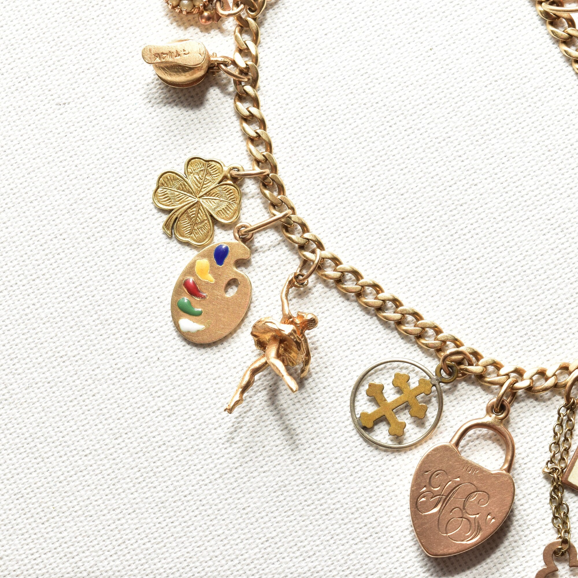 Eclectic 14K Charm Bracelet, Fun Mix Of Gold Charms, 4mm Curb Link Chain, 7" L
