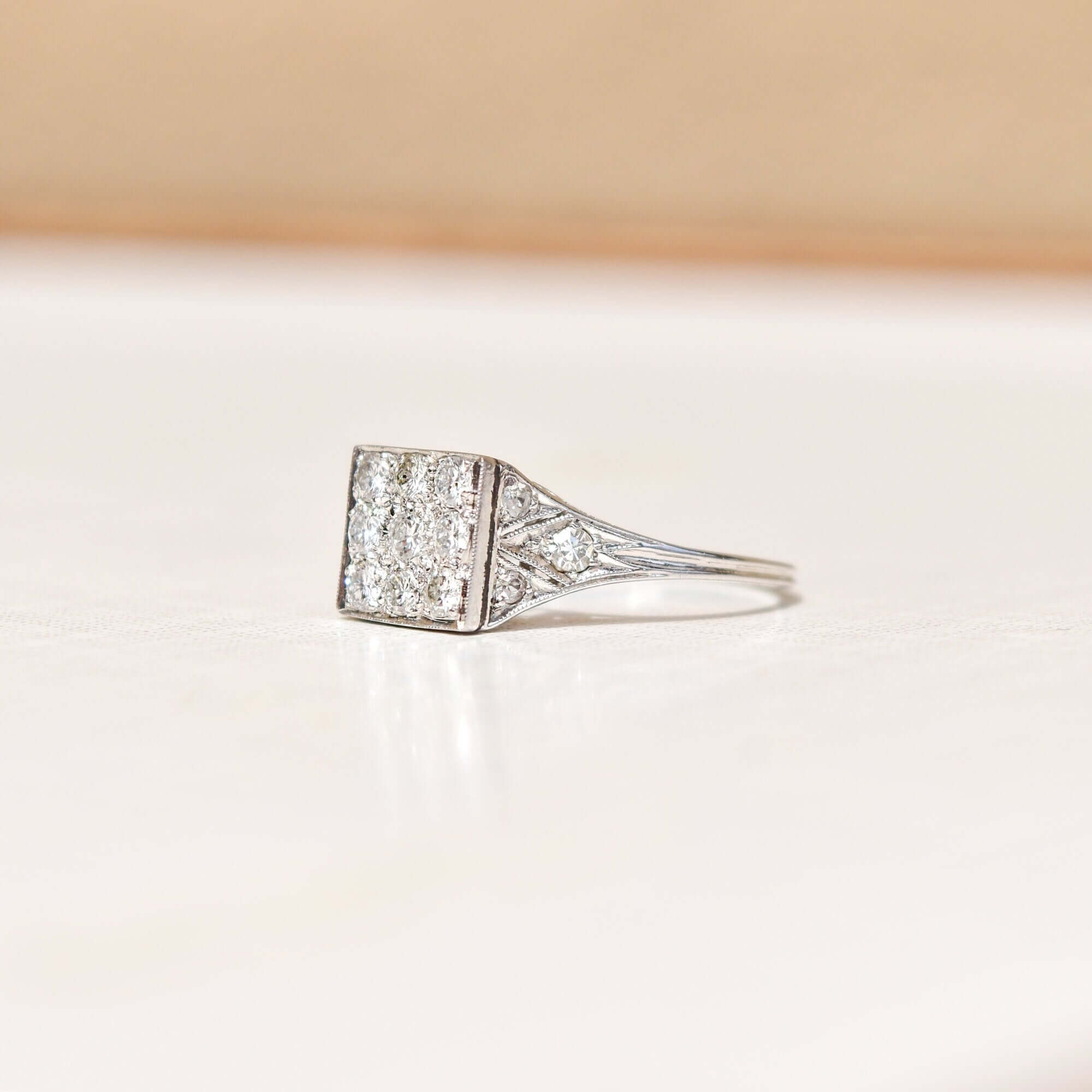 Edwardian Revival Platinum Diamond Grid Ring, .36 TCW, Square Cluster Ring, Estate Jewelry, Size 7 US - Good's Vintage