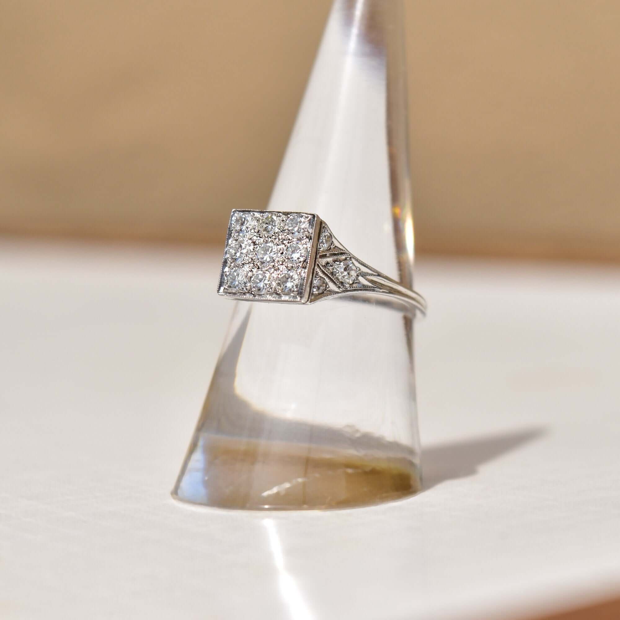 Edwardian Revival Platinum Diamond Grid Ring, .36 TCW, Square Cluster Ring, Estate Jewelry, Size 7 US - Good's Vintage