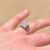 Edwardian Revival Platinum Diamond Grid Ring, .36 TCW, Square Cluster Ring, Estate Jewelry, Size 7 US - Good's Vintage