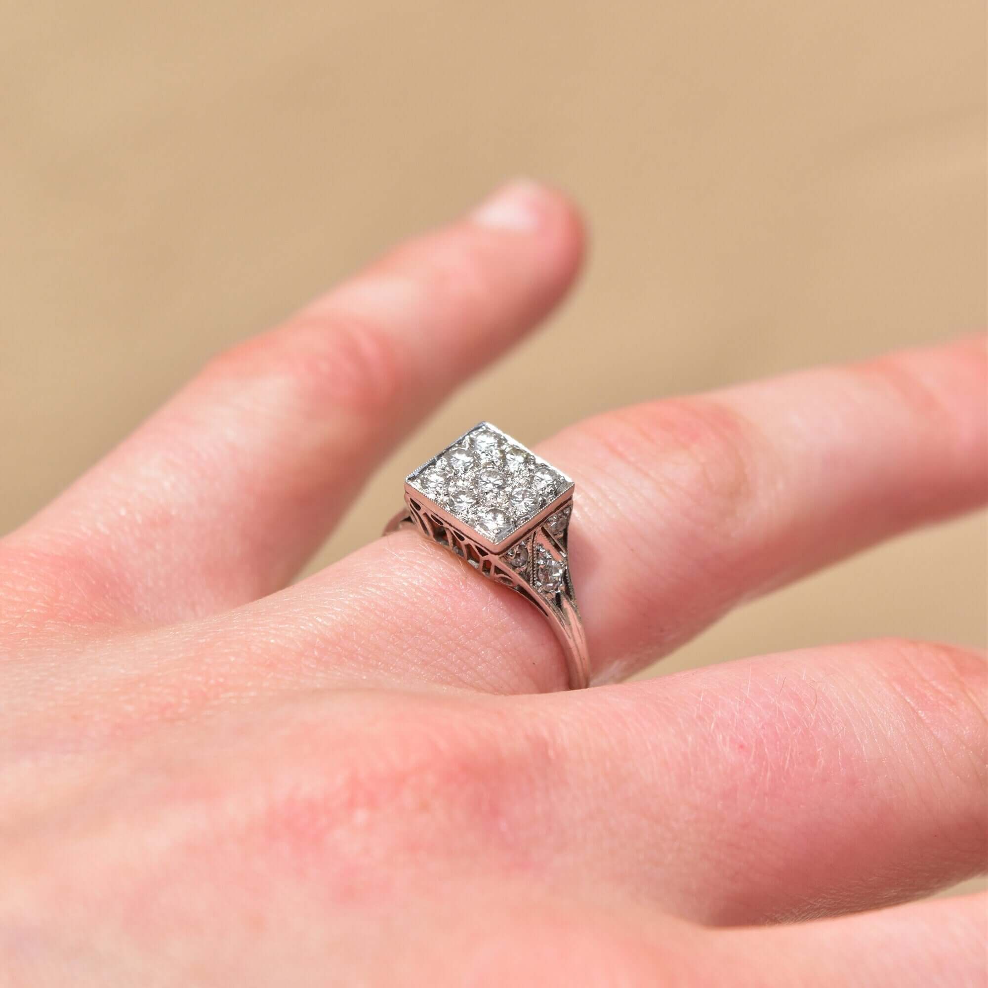Edwardian Revival Platinum Diamond Grid Ring, .36 TCW, Square Cluster Ring, Estate Jewelry, Size 7 US - Good's Vintage