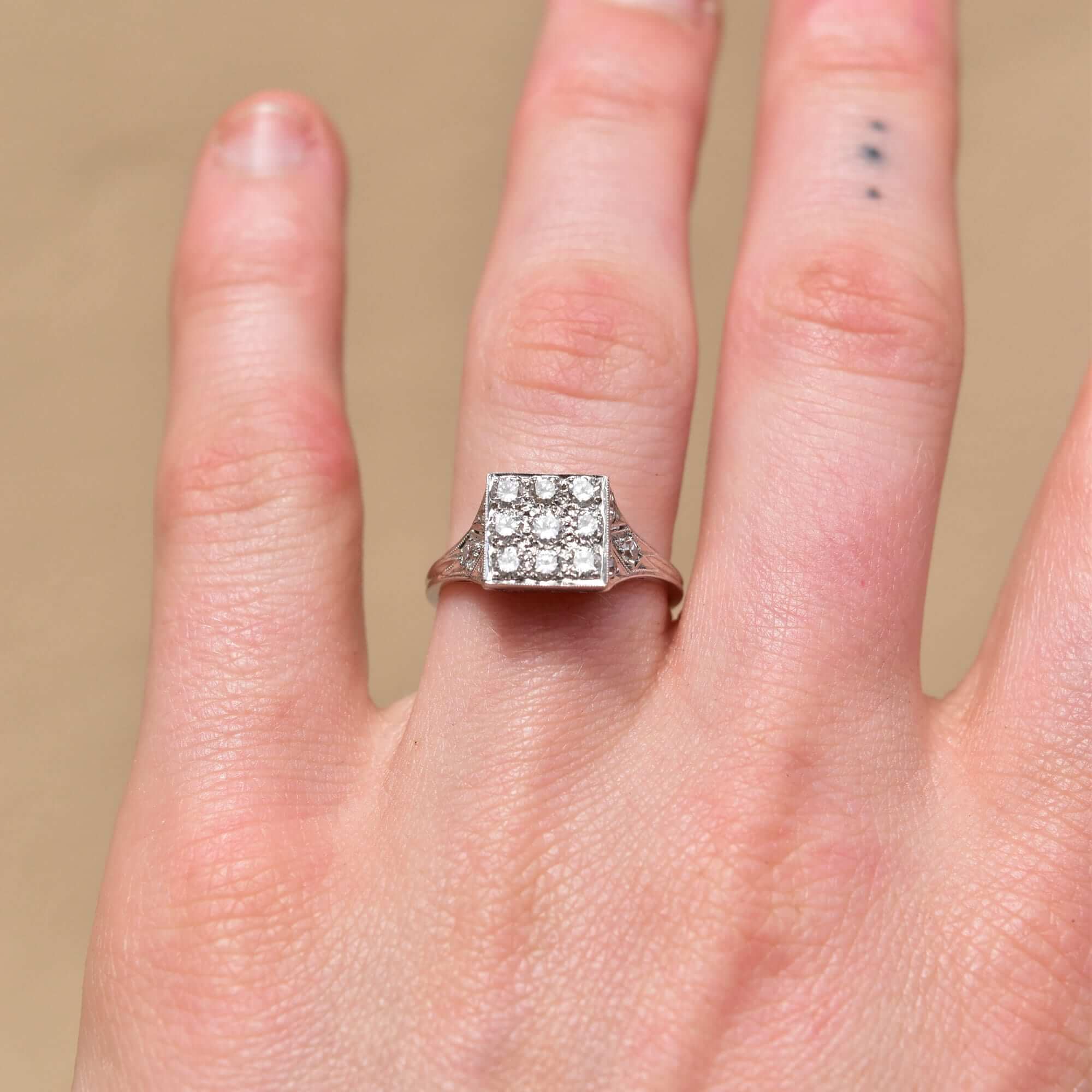 Edwardian Revival Platinum Diamond Grid Ring, .36 TCW, Square Cluster Ring, Estate Jewelry, Size 7 US - Good's Vintage