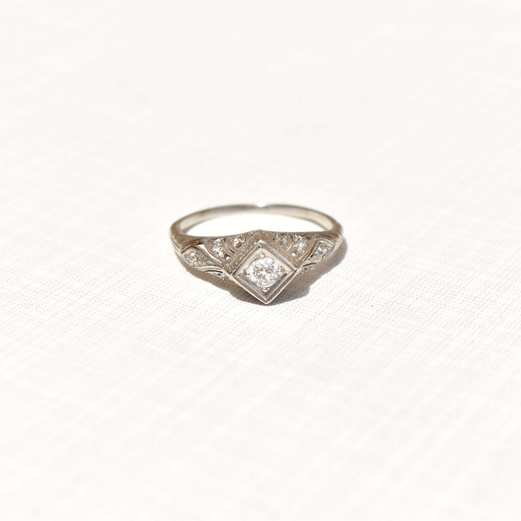 Edwardian Platinum Diamond Engagement Ring, Diamond Filigree Accents, Estate Jewelry, Size 10 US - Good's Vintage