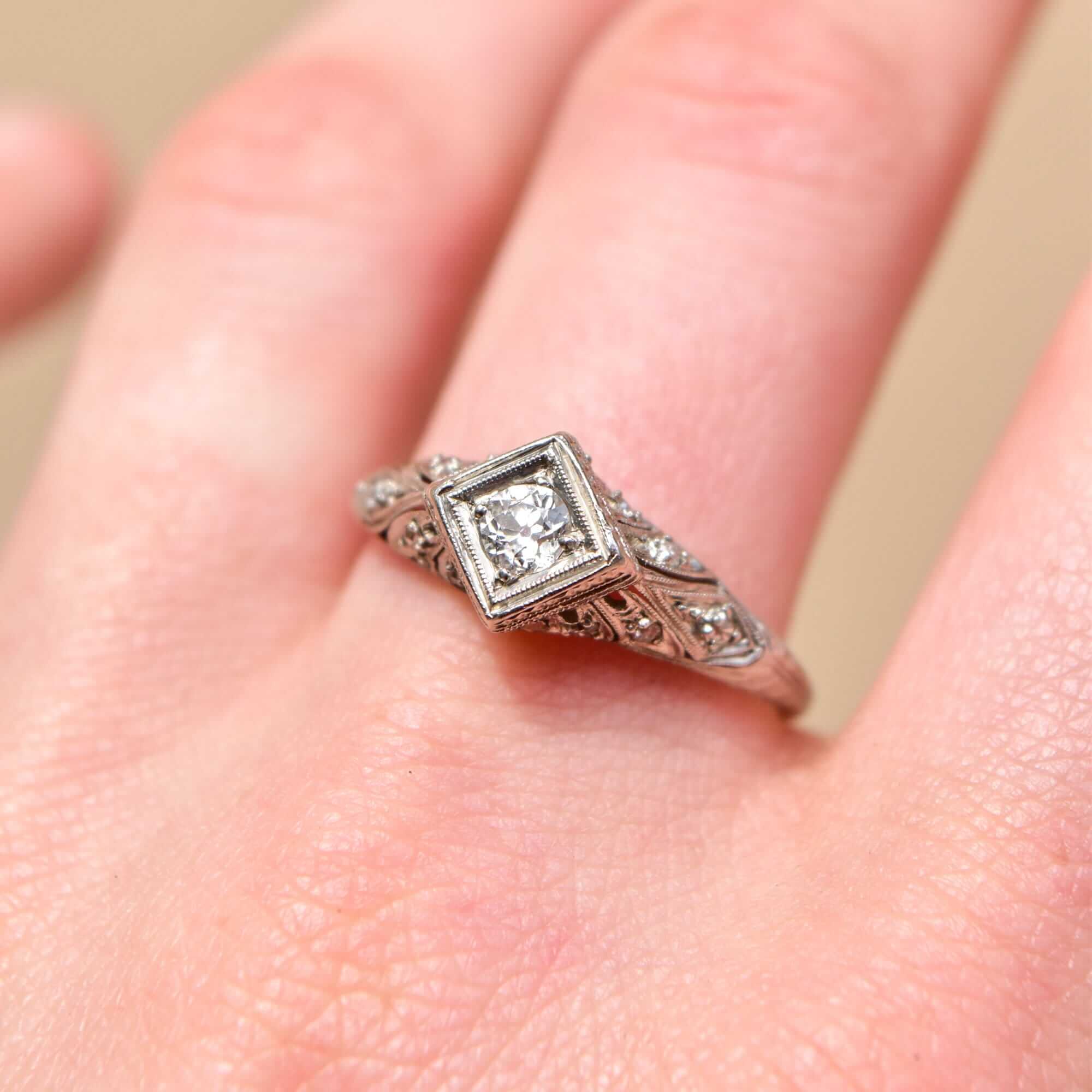 Edwardian Platinum Diamond Engagement Ring, Diamond Filigree Accents, Estate Jewelry, Size 10 US - Good's Vintage