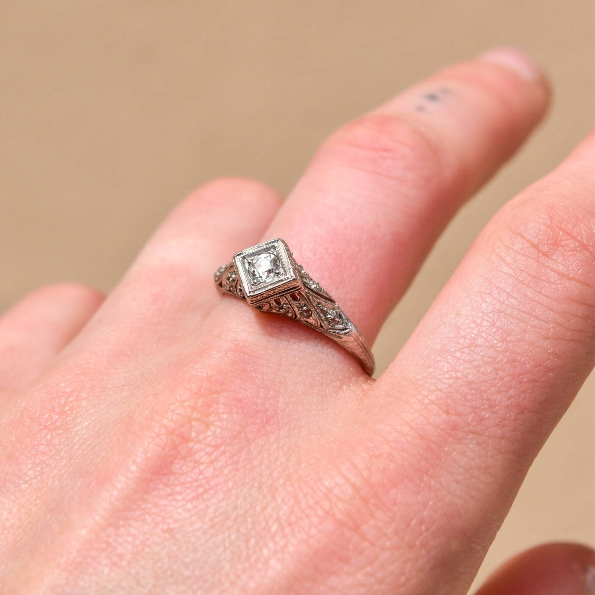 Edwardian Platinum Diamond Engagement Ring, Diamond Filigree Accents, Estate Jewelry, Size 10 US - Good's Vintage