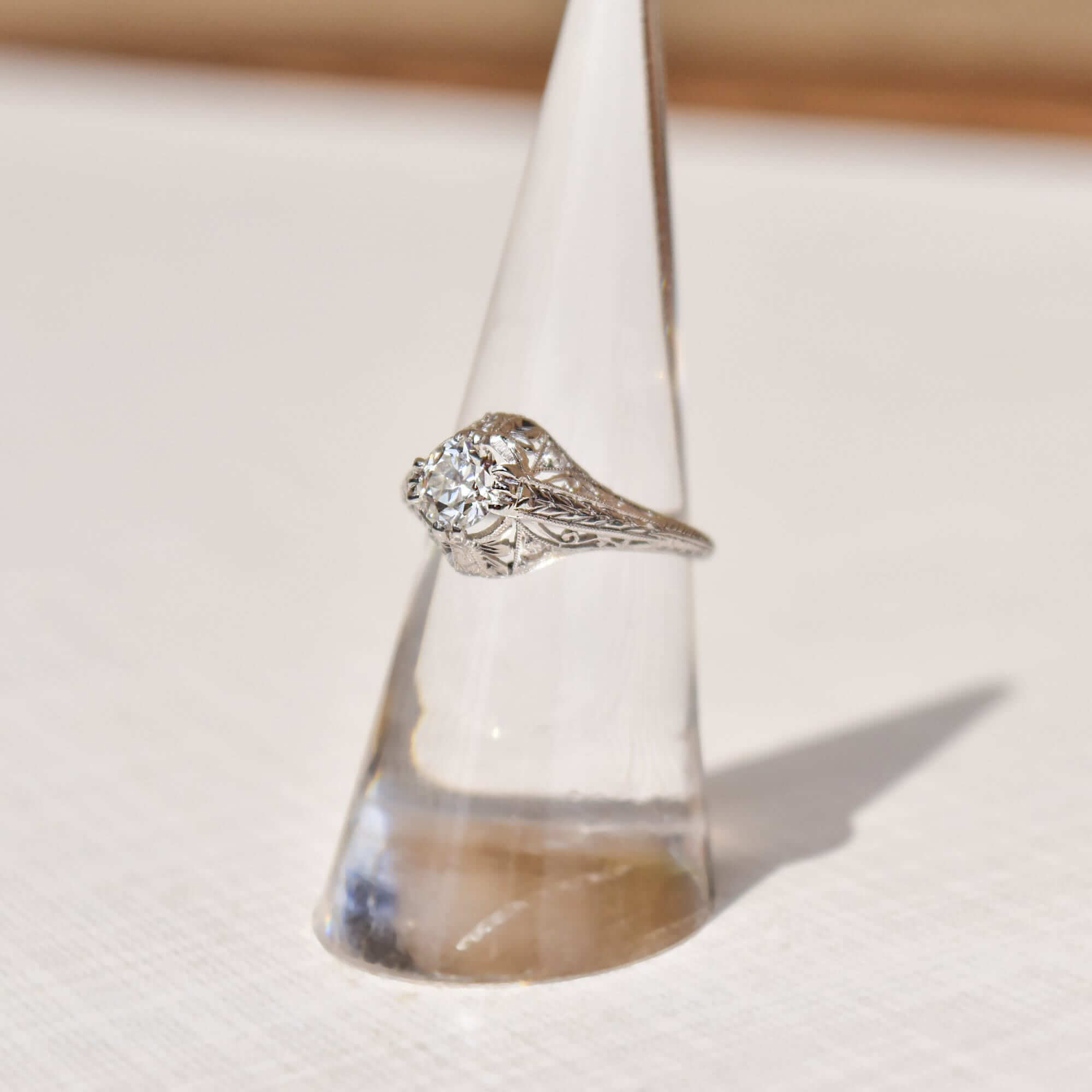 Edwardian Revival 1 CT Platinum Diamond Solitaire Laurel Foliate Engagement Ring, Estate Jewelry, Size 5 1/2 US - Good's Vintage