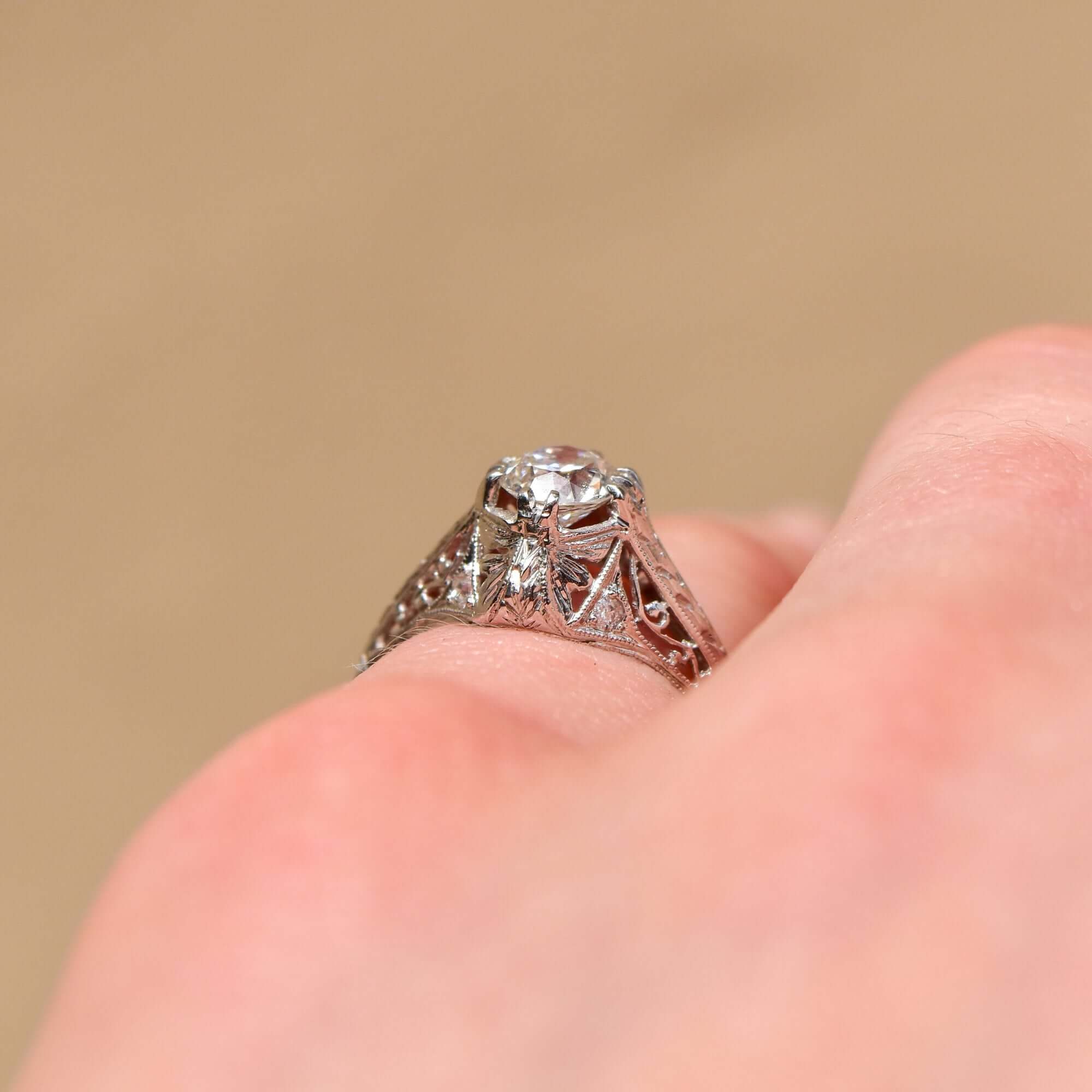 Edwardian Revival 1 CT Platinum Diamond Solitaire Laurel Foliate Engagement Ring, Estate Jewelry, Size 5 1/2 US - Good's Vintage