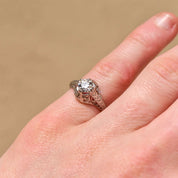 Edwardian Revival 1 CT Platinum Diamond Solitaire Laurel Foliate Engagement Ring, Estate Jewelry, Size 5 1/2 US - Good's Vintage