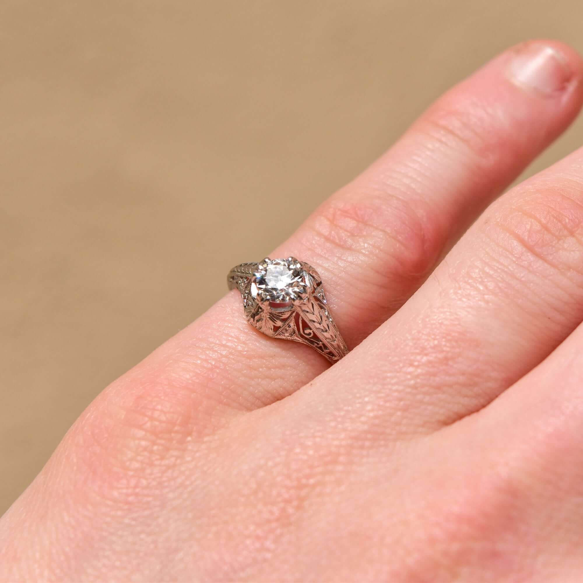 Edwardian Revival 1 CT Platinum Diamond Solitaire Laurel Foliate Engagement Ring, Estate Jewelry, Size 5 1/2 US - Good's Vintage