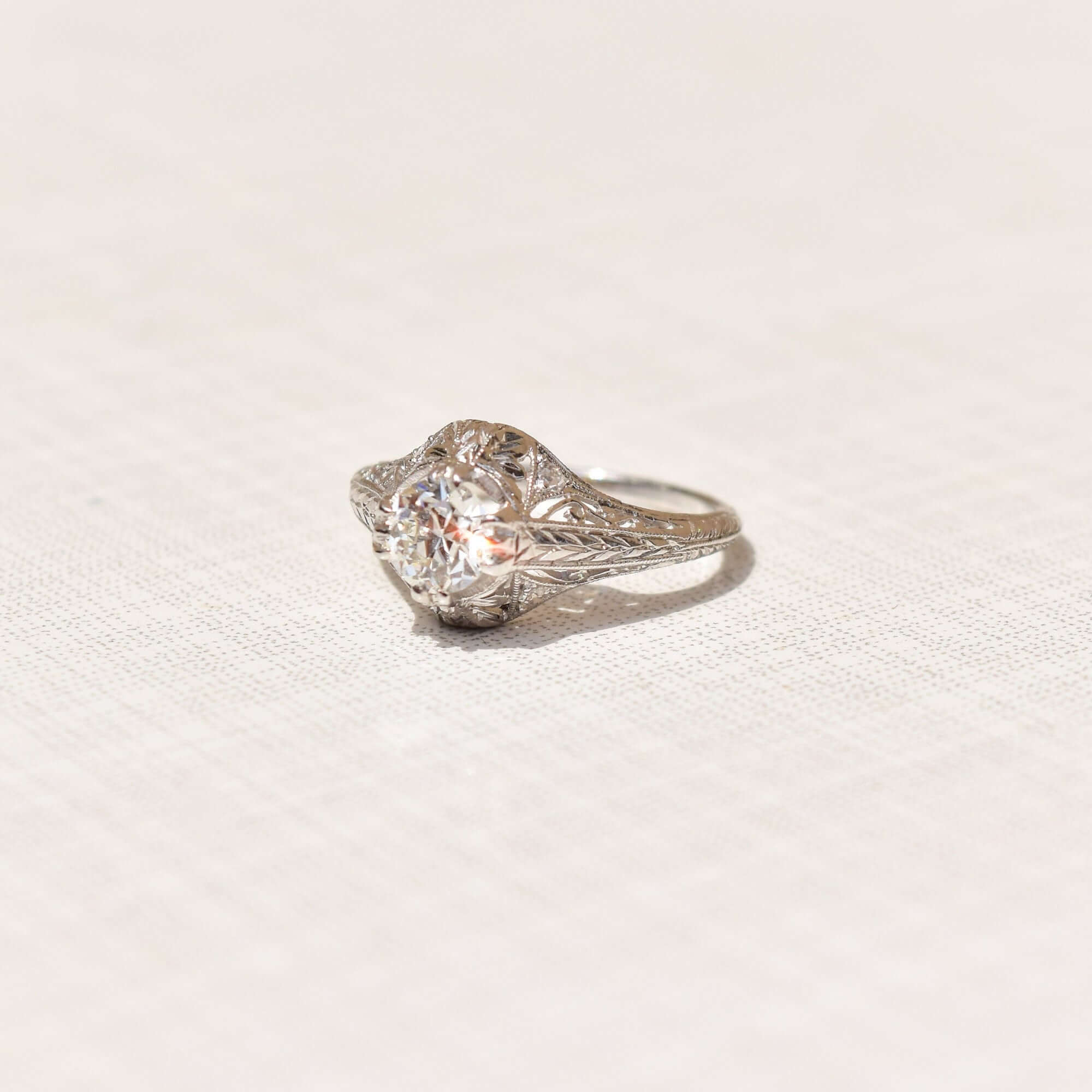 Edwardian Revival 1 CT Platinum Diamond Solitaire Laurel Foliate Engagement Ring, Estate Jewelry, Size 5 1/2 US - Good's Vintage