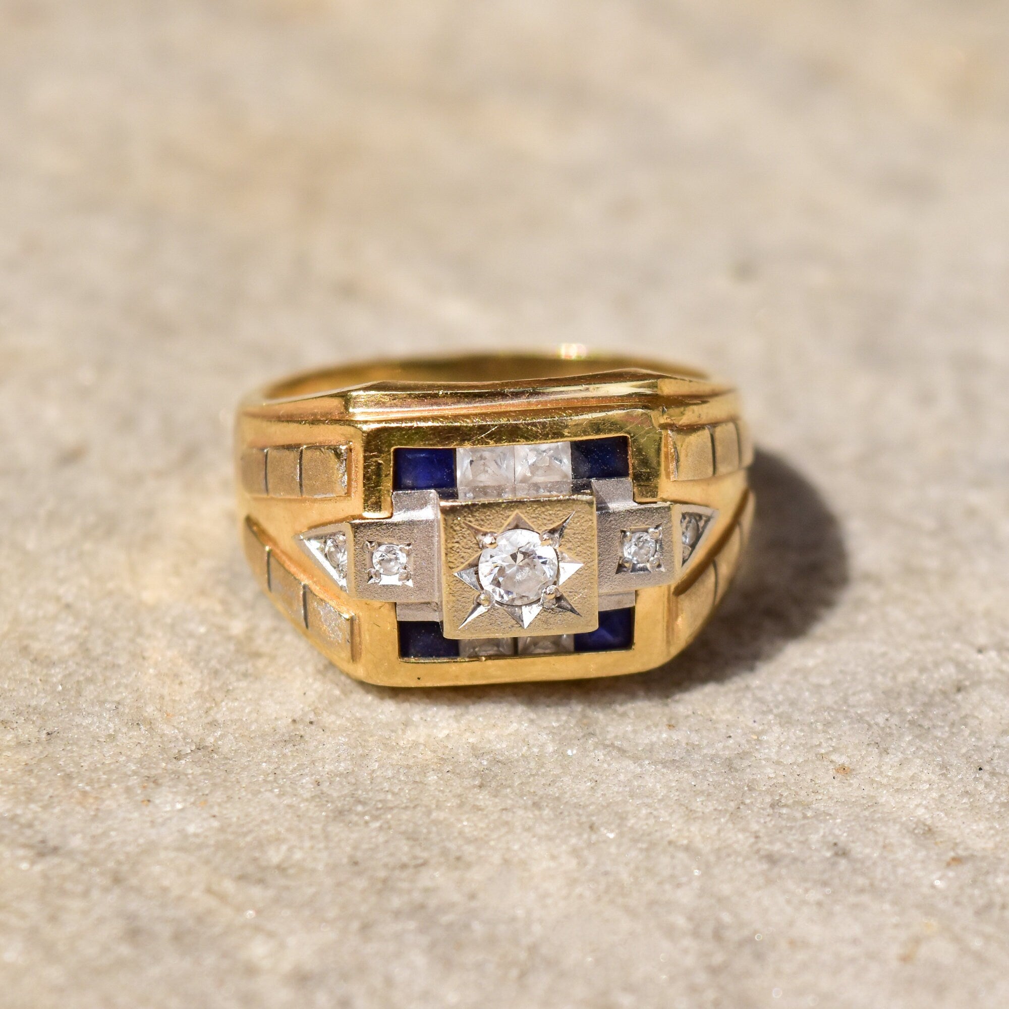 14K gold men's signet ring with diamonds, sapphires, and star engraving, size 12, estate jewelry