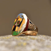 14K ChampleveEnamel Cigar Band Ring, Colorful Scene Of Man & Alpaca, Men's Pinky Ring, Size 4 1/4 US