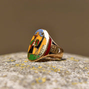 14K ChampleveEnamel Cigar Band Ring, Colorful Scene Of Man & Alpaca, Men's Pinky Ring, Size 4 1/4 US